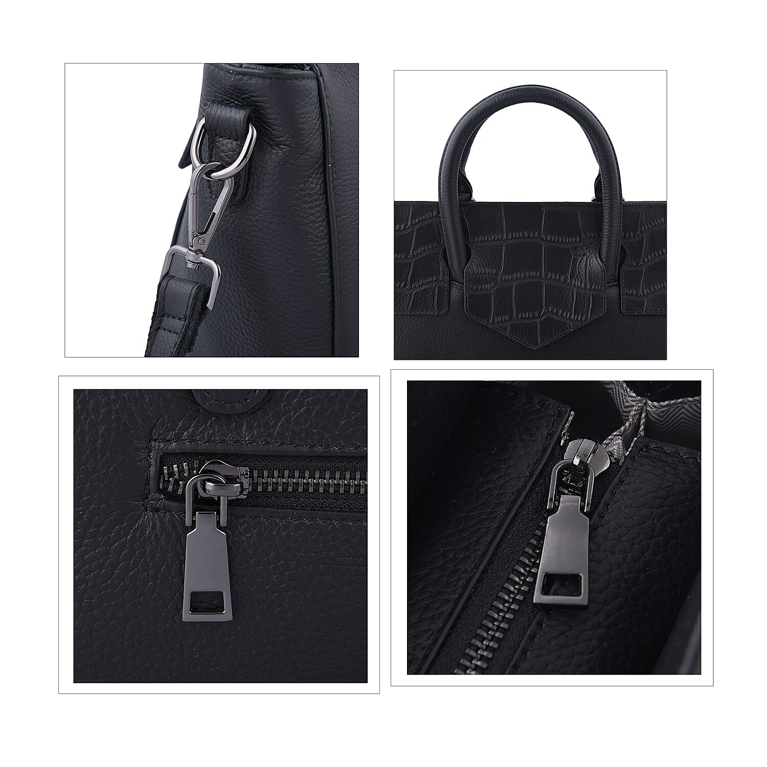 Black Color Stone Embossed Pattern Genuine Leather Tote Bag with Handle Drop and Shoulder Strap