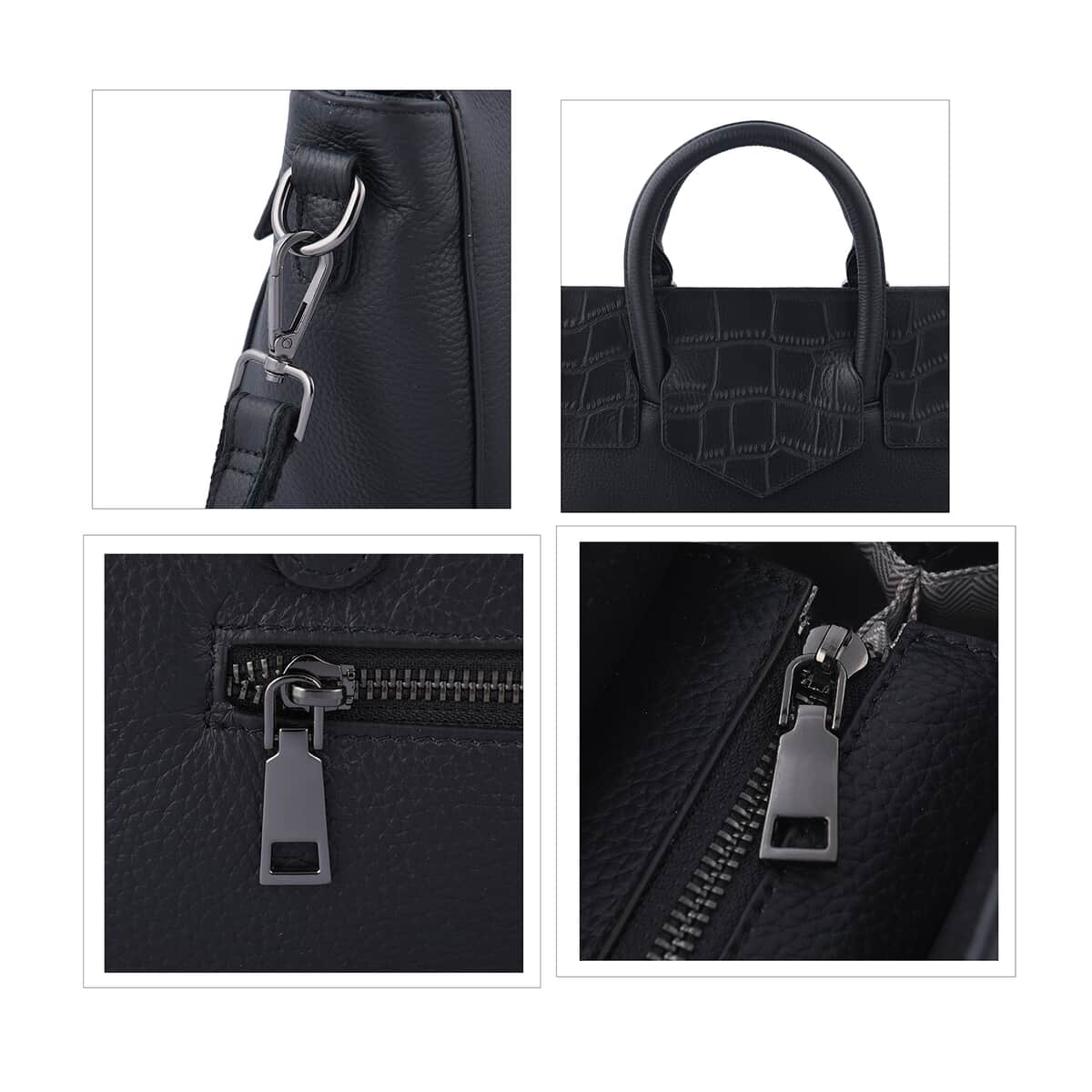 Black Color Stone Embossed Pattern Genuine Leather Convertible Bag (11.81"x4.33"x8.66") with handle and Shoulder Straps image number 4