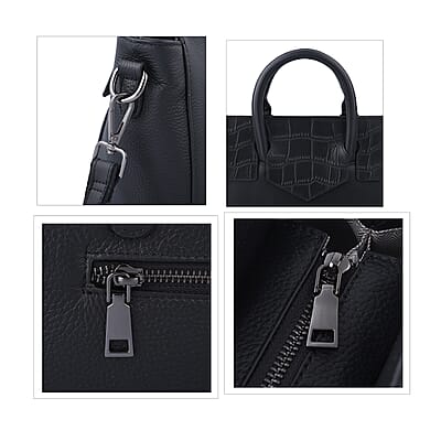 Black Color Stone Embossed Pattern Genuine Leather Tote Bag with Handle Drop and Shoulder Strap