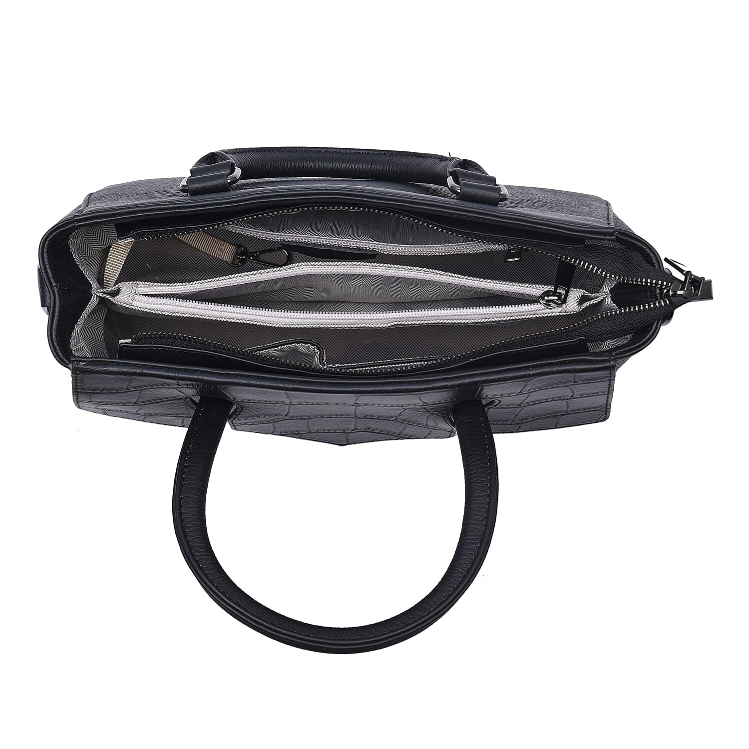 Black Color Stone Embossed Pattern Genuine Leather Tote Bag with Handle Drop and Shoulder Strap
