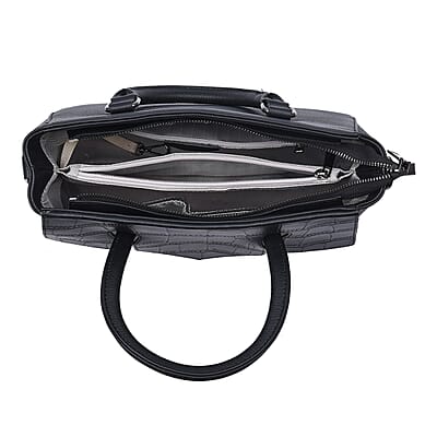 Black Color Stone Embossed Pattern Genuine Leather Tote Bag with Handle Drop and Shoulder Strap
