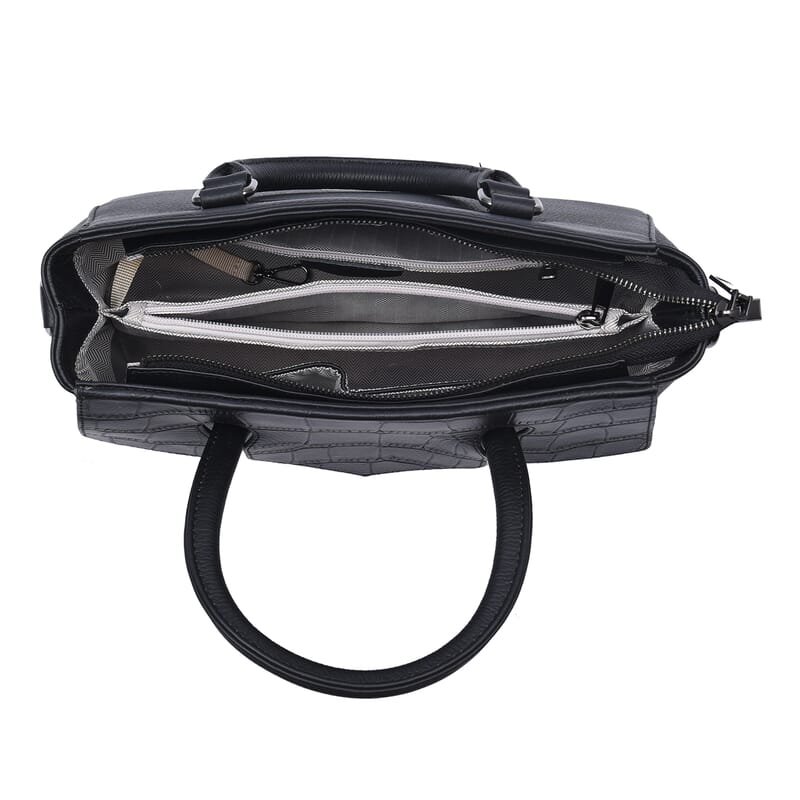 Black Color Stone Embossed Pattern Genuine Leather Tote Bag with Handle Drop and Shoulder Strap
