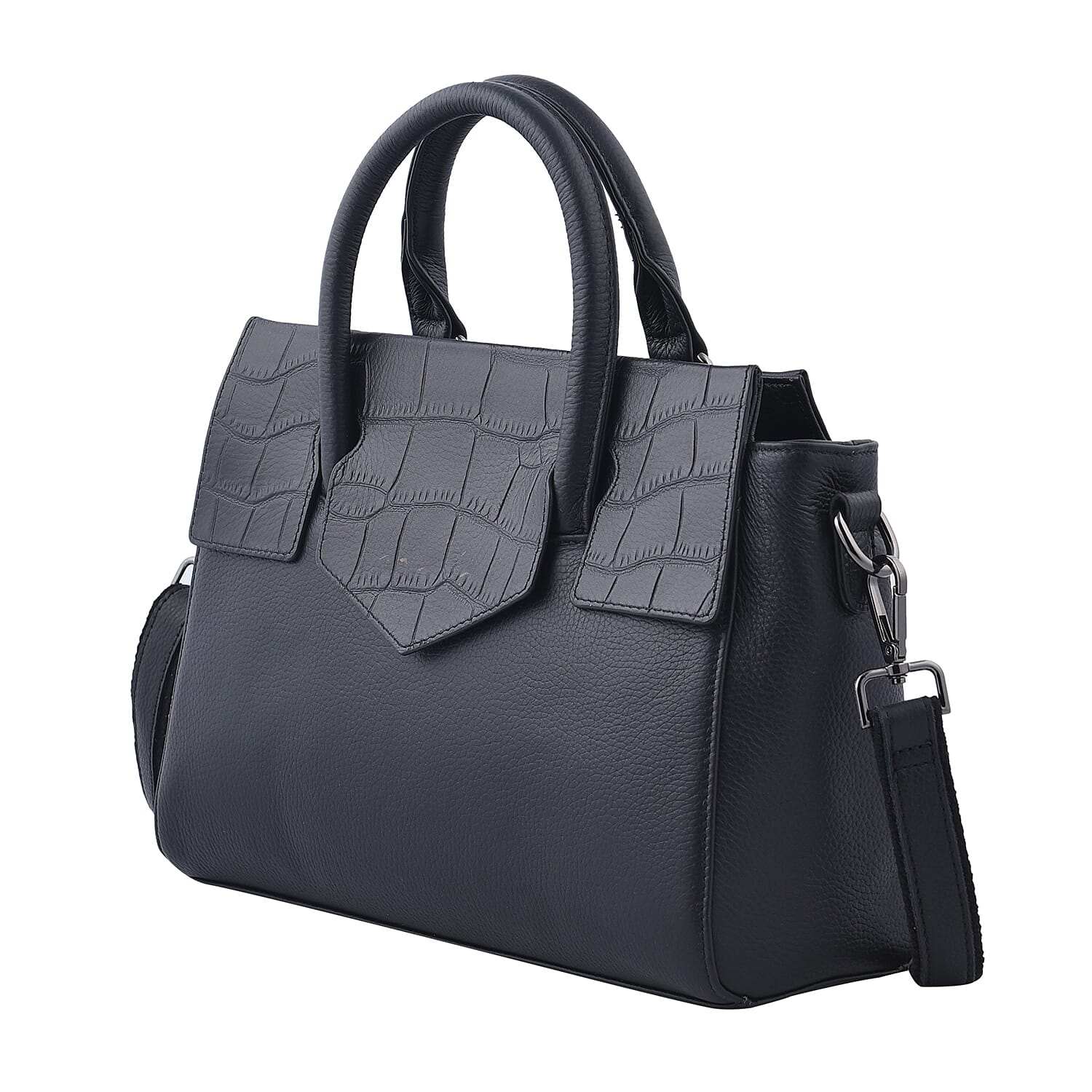 Black Color Stone Embossed Pattern Genuine Leather Tote Bag with Handle Drop and Shoulder Strap