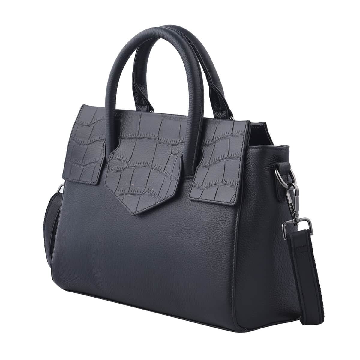 Black Color Stone Embossed Pattern Genuine Leather Convertible Bag (11.81"x4.33"x8.66") with handle and Shoulder Straps image number 6