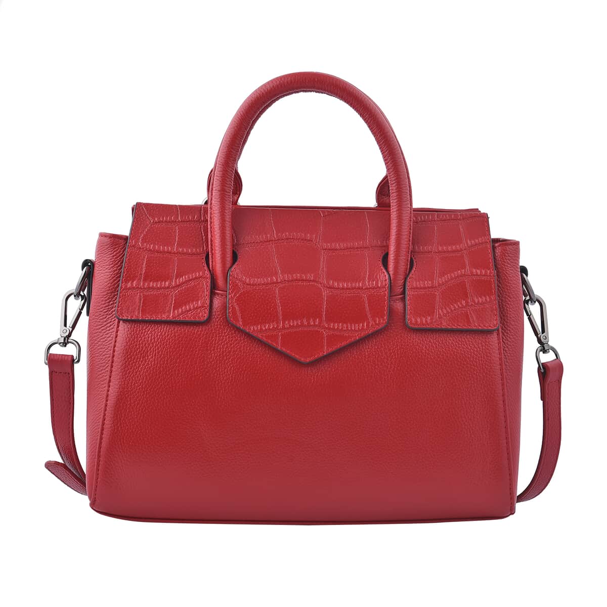 Red Color Stone Embossed Pattern Genuine Leather Tote Bag with Handle Drop and Shoulder Strap image number 0