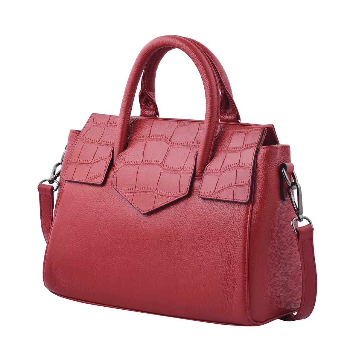 Red Color Stone Embossed Pattern Genuine Leather Tote Bag with Handle Drop and Shoulder Strap image number 6