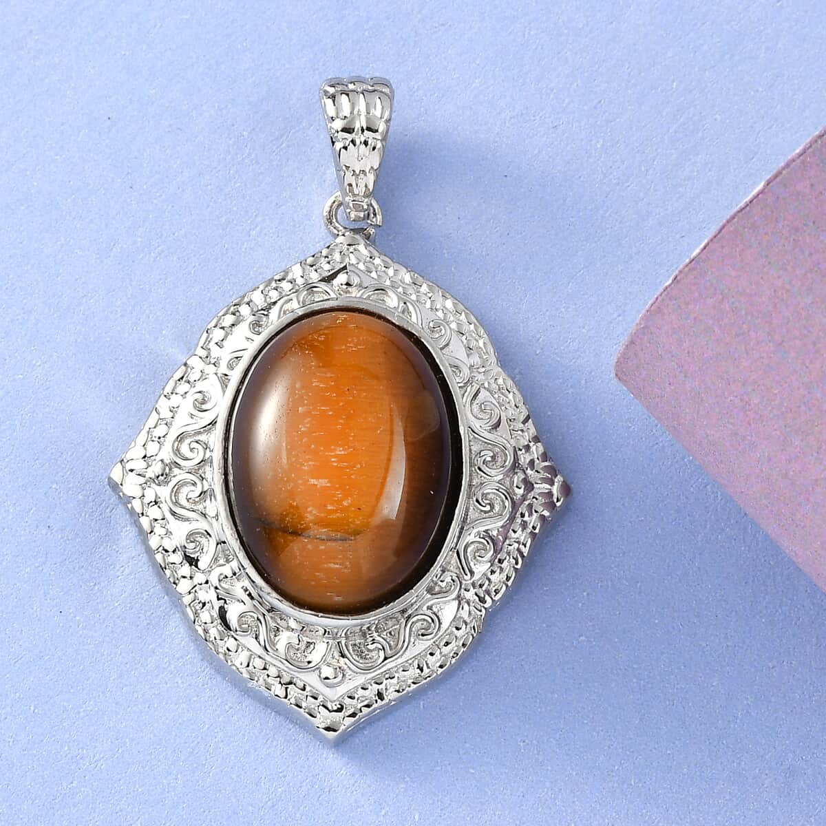 Tiger's Eye Solitaire Pendant in Platinum Over Copper with Magnet 9.85 ctw image number 1