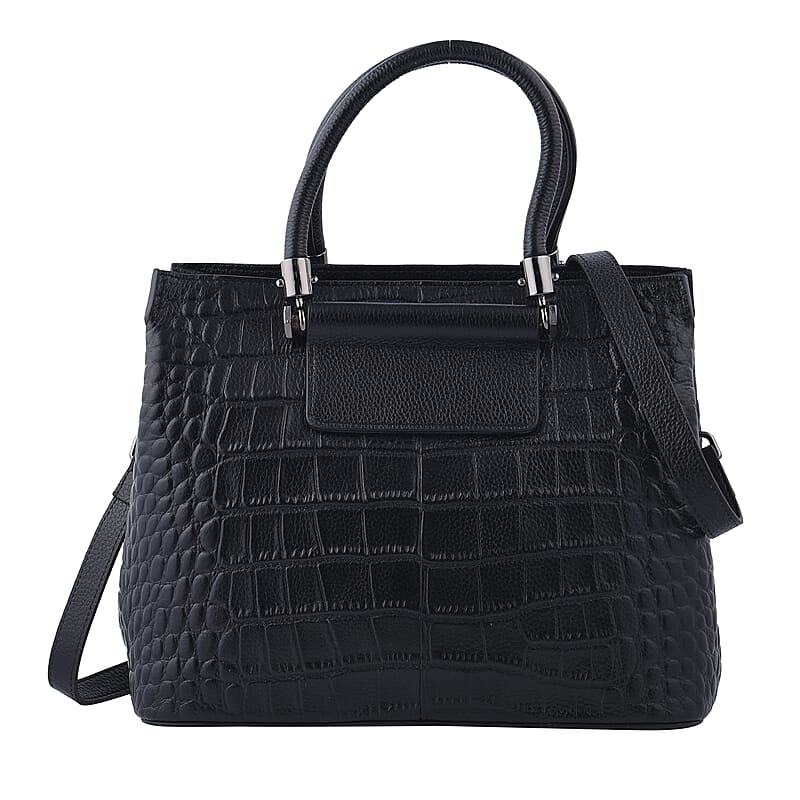 Black Crocodile Embossed Pattern Genuine Leather Convertible Bag with Handle and Shoulder Straps