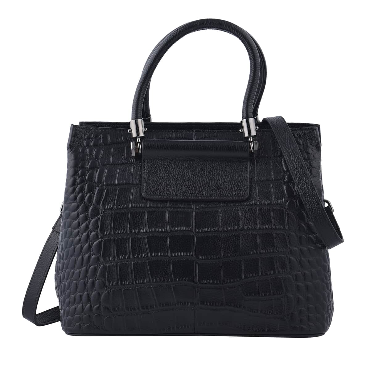 Black Crocodile Embossed Pattern Genuine Leather Convertible Bag (11.42"x4.33"x9.06") with Handle and Shoulder Straps image number 0