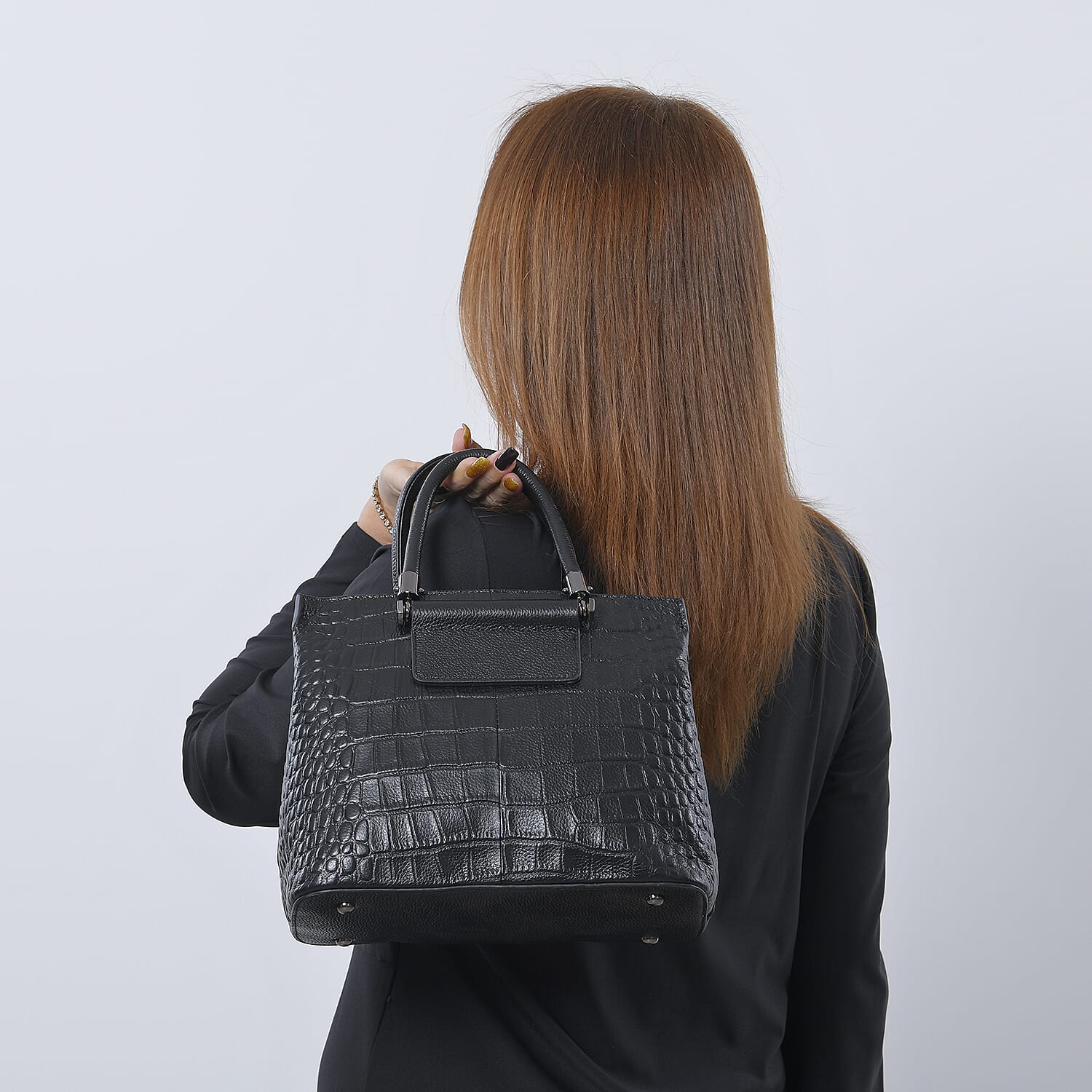 Black Crocodile Embossed Pattern Genuine Leather Convertible Bag with Handle and Shoulder Straps