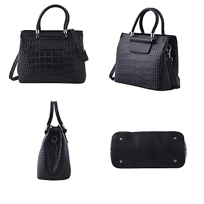 Black Crocodile Embossed Pattern Genuine Leather Convertible Bag with Handle and Shoulder Straps