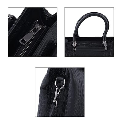 Black Crocodile Embossed Pattern Genuine Leather Convertible Bag with Handle and Shoulder Straps