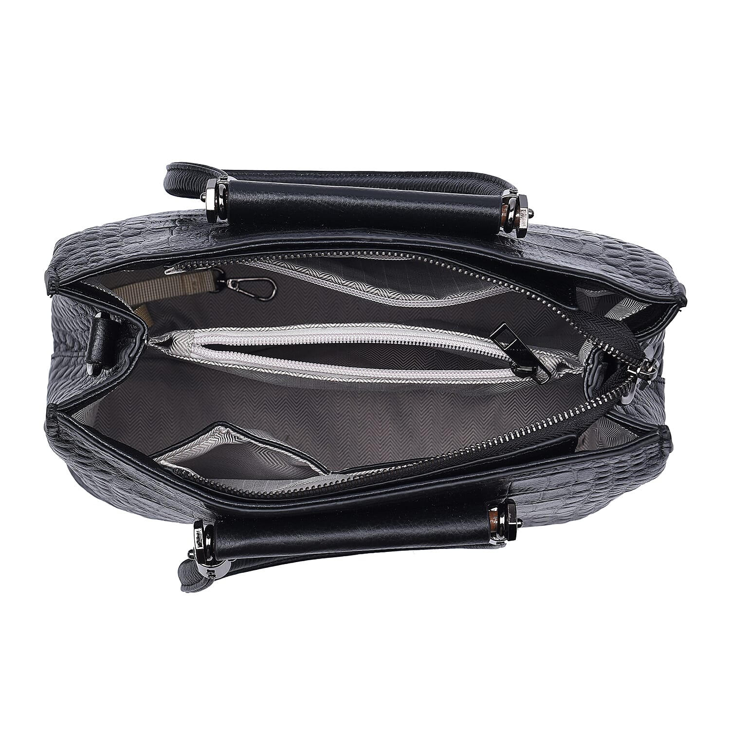 Black Crocodile Embossed Pattern Genuine Leather Convertible Bag with Handle and Shoulder Straps