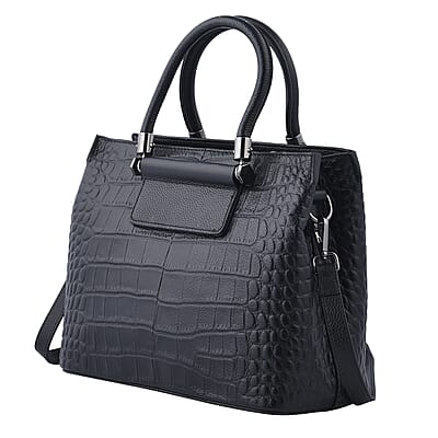 Black Crocodile Embossed Pattern Genuine Leather Convertible Bag with Handle and Shoulder Straps
