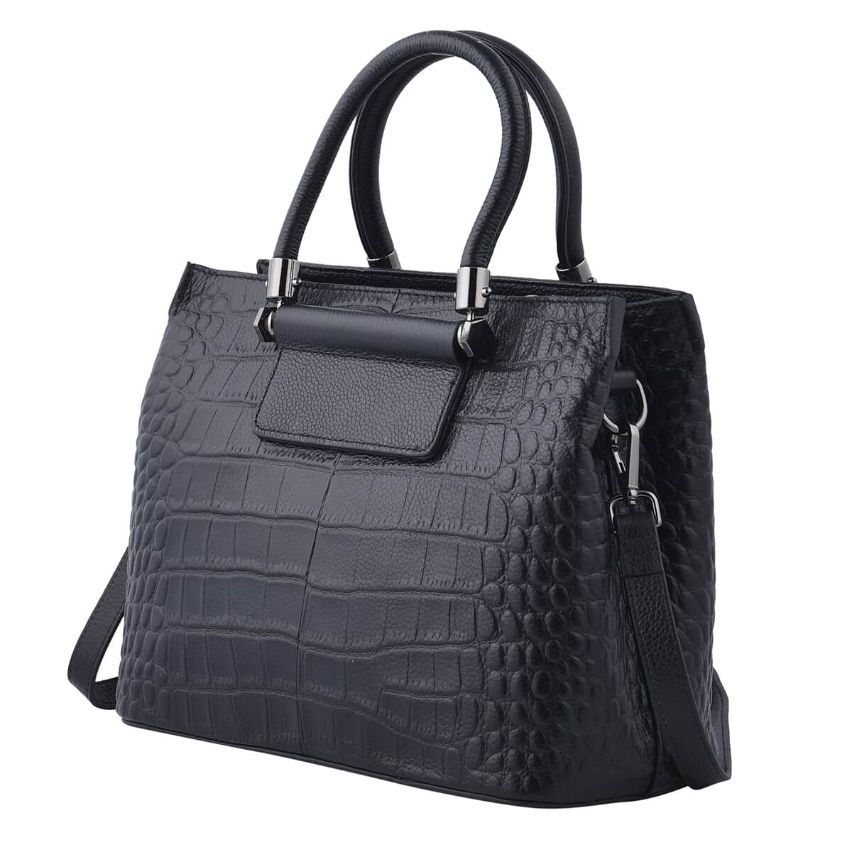 Black Crocodile Embossed Pattern Genuine Leather Convertible Bag (11.42"x4.33"x9.06") with Handle and Shoulder Straps image number 6
