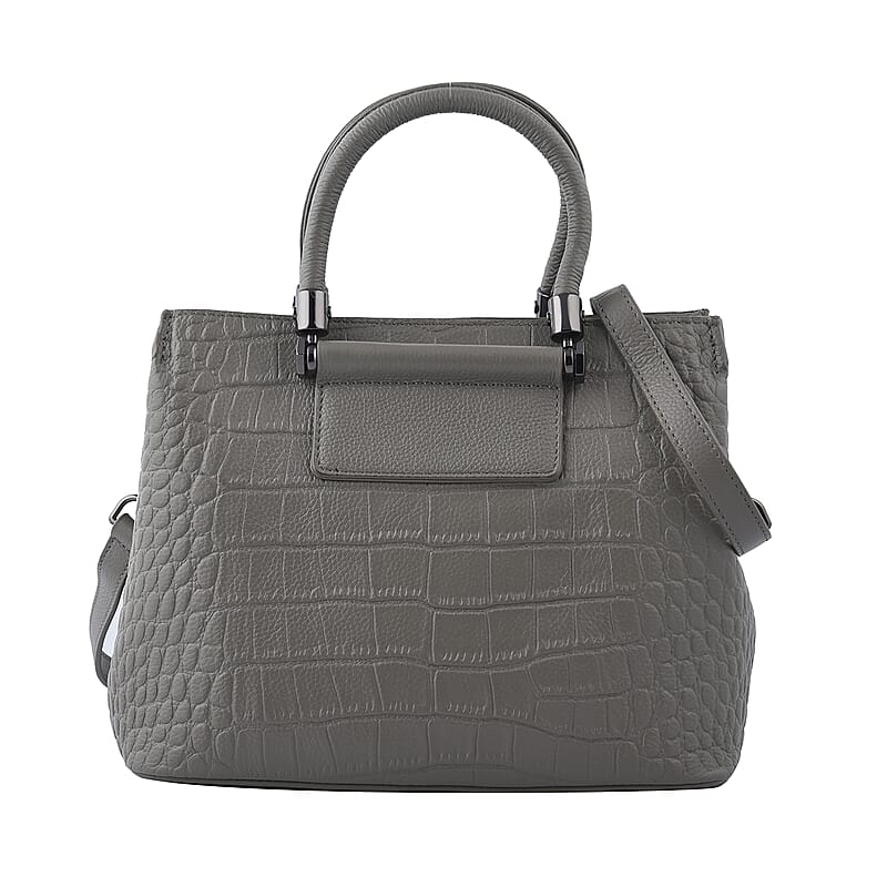 Gray Crocodile Embossed Pattern Genuine Leather Convertible Bag with Handle and Shoulder Straps