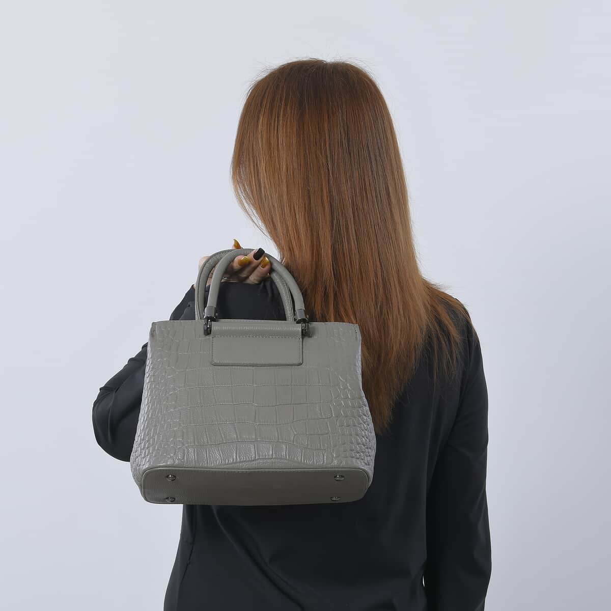 Gray Crocodile Embossed Pattern Genuine Leather Convertible Bag with Handle and Shoulder Straps image number 2