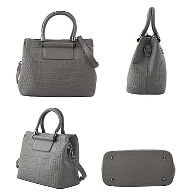 Gray Crocodile Embossed Pattern Genuine Leather Convertible Bag with Handle and Shoulder Straps