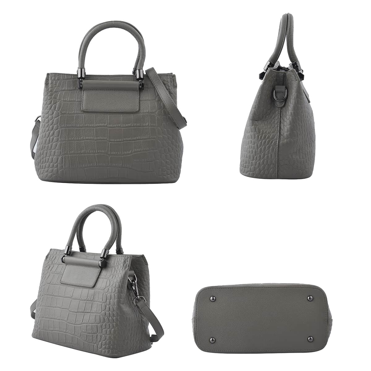 Gray Crocodile Embossed Pattern Genuine Leather Convertible Bag with Handle and Shoulder Straps image number 3