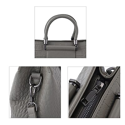 Gray Crocodile Embossed Pattern Genuine Leather Convertible Bag with Handle and Shoulder Straps