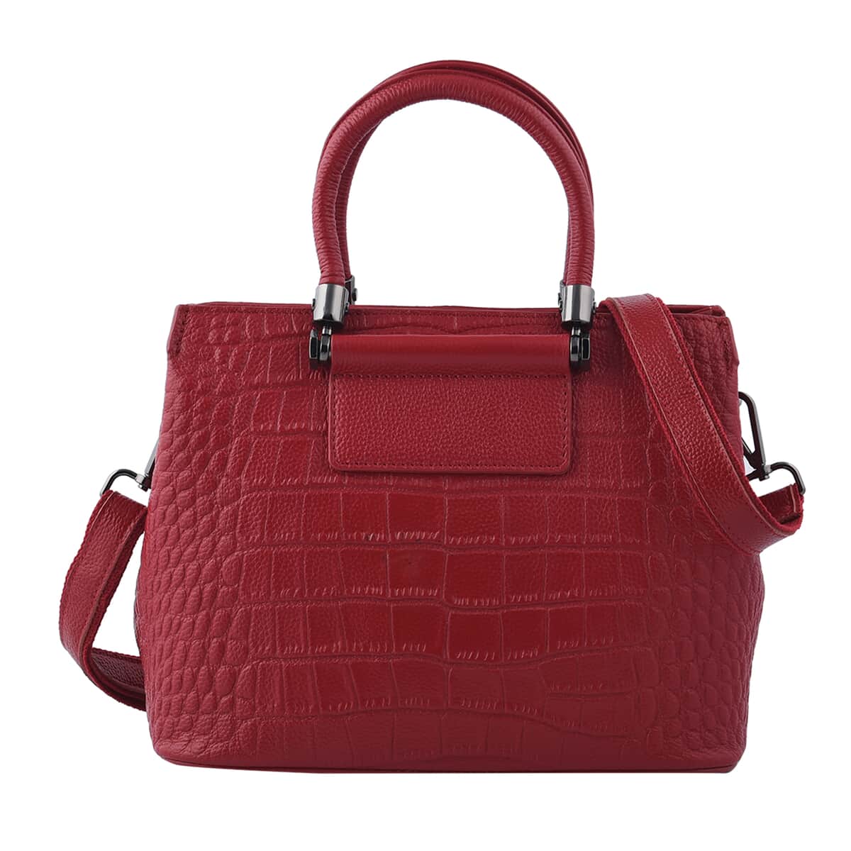 Red Crocodile Embossed Pattern Genuine Leather Convertible Bag with Handle and Shoulder Straps image number 0