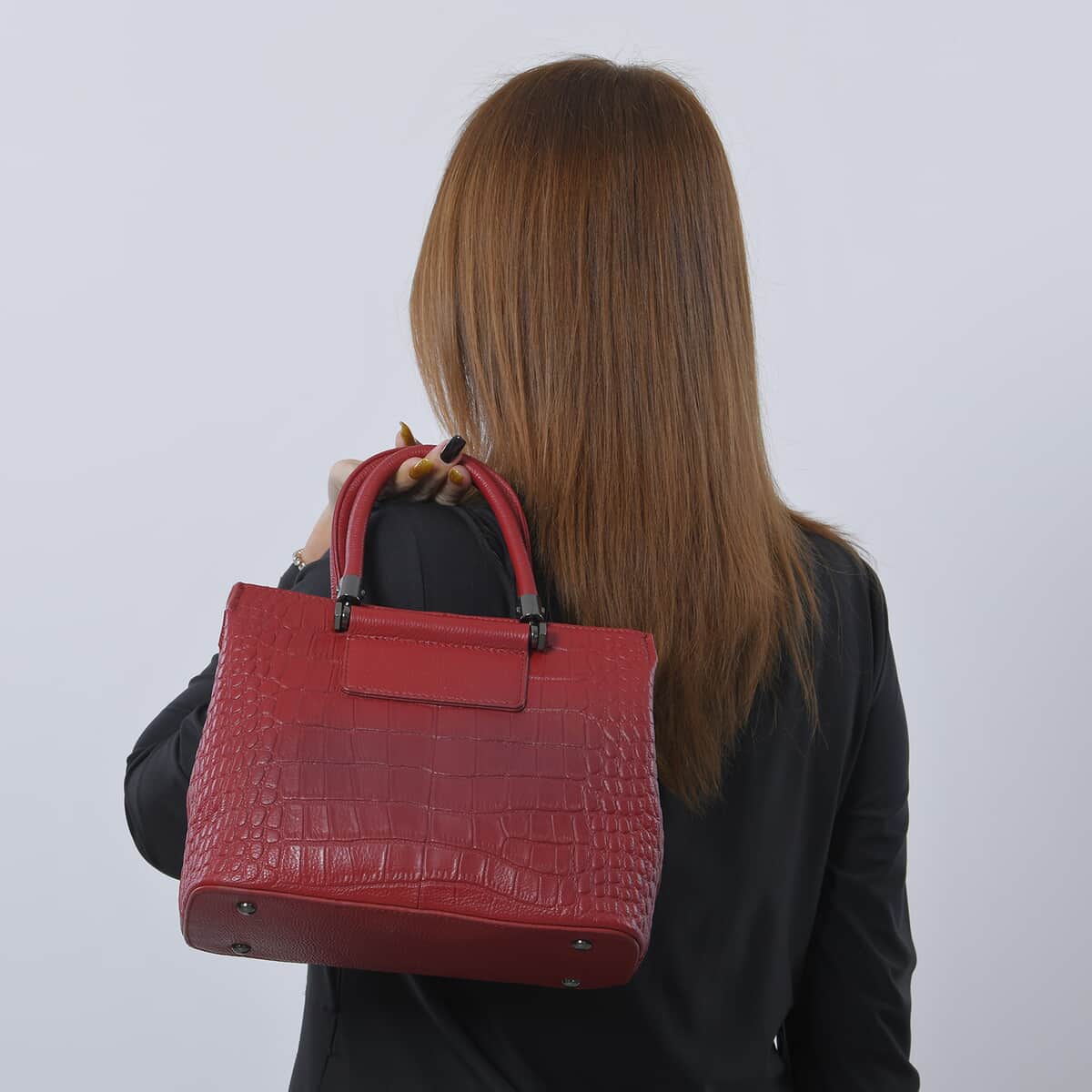 Red Crocodile Embossed Pattern Genuine Leather Convertible Bag with Handle and Shoulder Straps image number 2