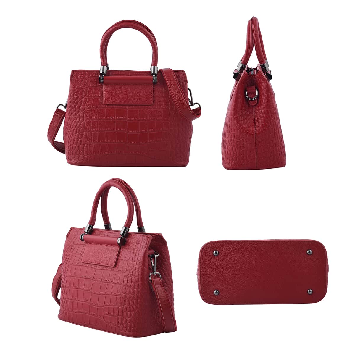 Red Crocodile Embossed Pattern Genuine Leather Convertible Bag with Handle and Shoulder Straps image number 3