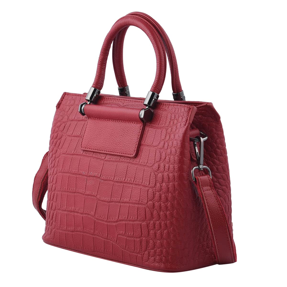 Red Crocodile Embossed Pattern Genuine Leather Convertible Bag with Handle and Shoulder Straps image number 6