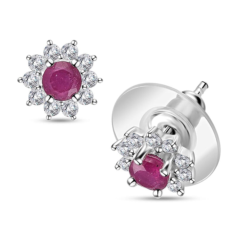 Niassa Ruby (FF) and White Zircon Sunburst Stud Earrings in Sterling Silver 1.40 ctw