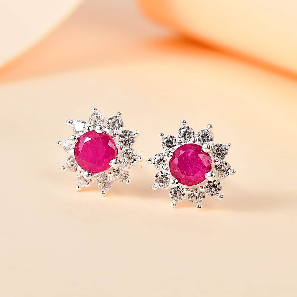 Niassa Ruby (FF) and White Zircon Sunburst Stud Earrings in Sterling Silver 1.40 ctw image number 1