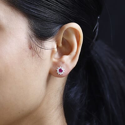 Niassa Ruby (FF) and White Zircon Sunburst Stud Earrings in Sterling Silver 1.40 ctw