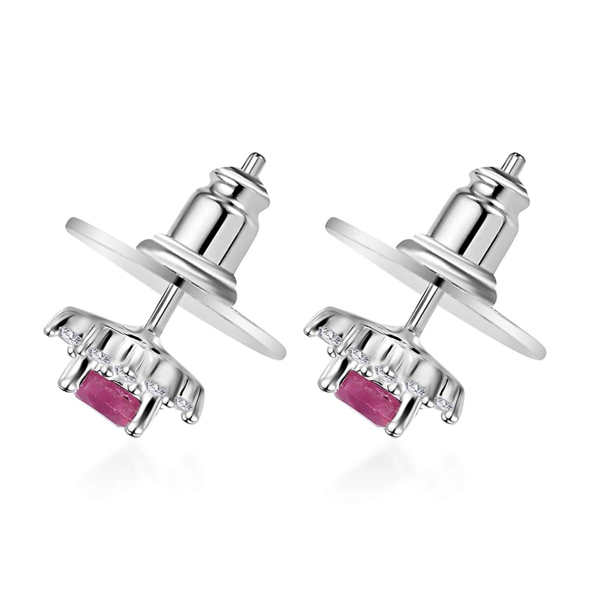 Niassa Ruby (FF) and White Zircon Sunburst Stud Earrings in Sterling Silver 1.40 ctw image number 3