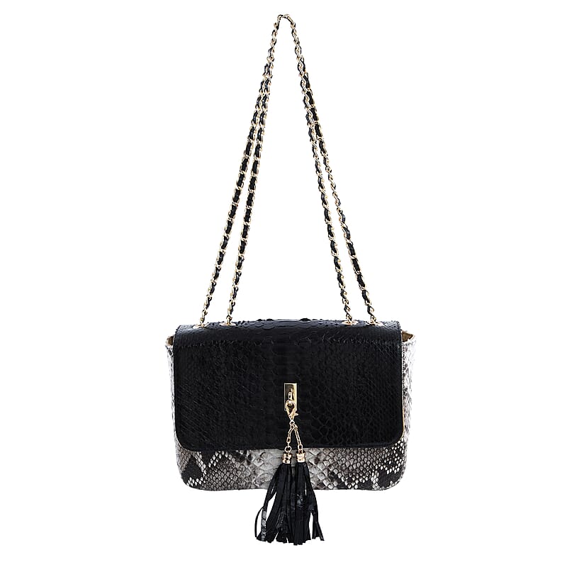 The Grand Pelle Handcrafted Black Color Genuine Python Leather Crossbody Bag