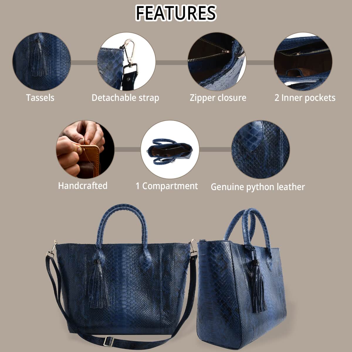 The Grand Pelle Handcrafted Blue Color 100 % Genuine Python Leather Tote Bag (14.20"x11.81"x6.50") image number 1