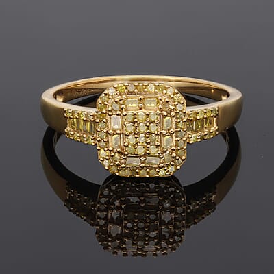 Yellow Diamond Cluster Ring in Rhodium and Vermeil Yellow Gold Over Sterling Silver (Size 9.0) 0.50 ctw