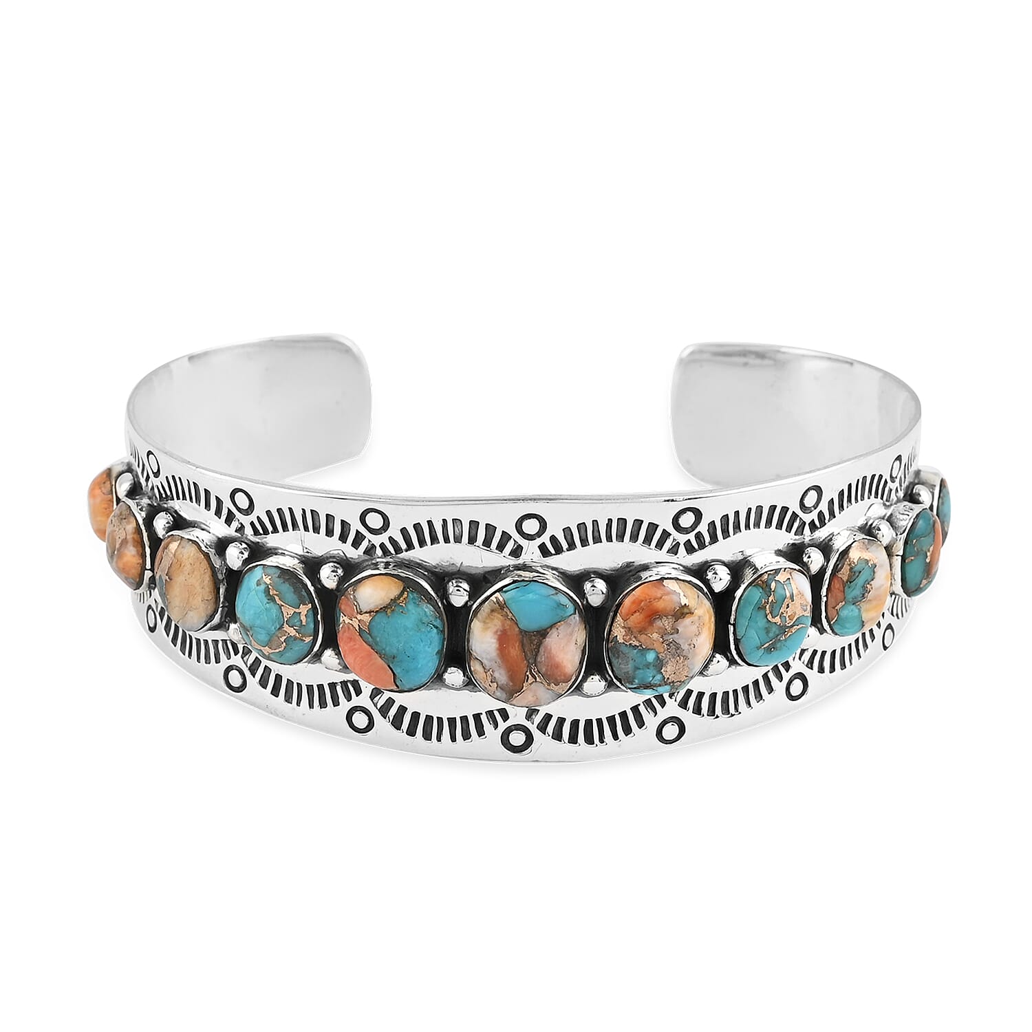 Santa Fe Style Spiny Turquoise Cuff Bracelet in Sterling Silver (6.00 In) 21.40 Grams 6.10 ctw