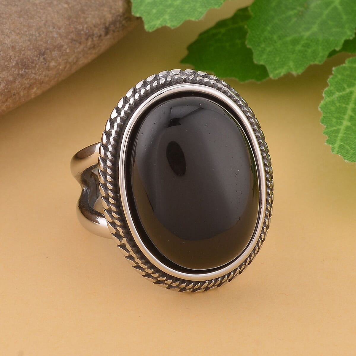 Black Obsidian Solitaire Ring in Stainless Steel 50.00 ctw image number 1