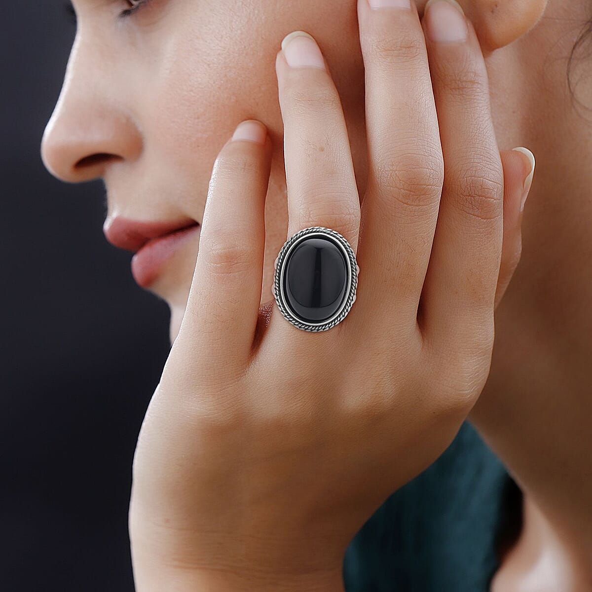 Black Obsidian Solitaire Ring in Stainless Steel 50.00 ctw image number 2