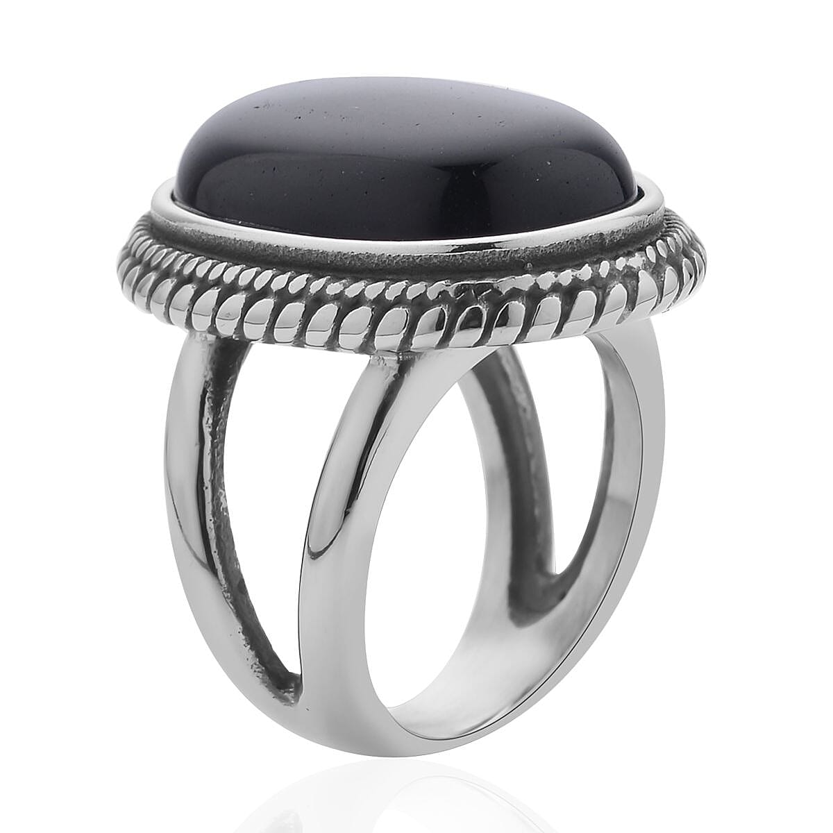 Black Obsidian Solitaire Ring in Stainless Steel 50.00 ctw image number 3