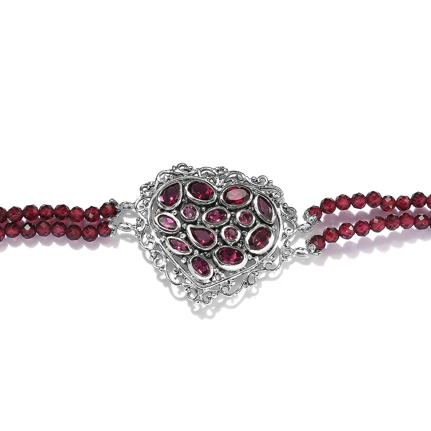 Artisan Crafted Orissa Rhodolite Garnet Toggle Clasp Beaded Heart Shape Bracelet in Sterling Silver (7.25 In) 31.75 ctw