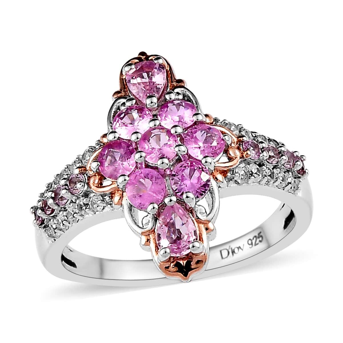 Premium Madagascar Pink Sapphire and Natural White Zircon Elongated Ring in Vermeil Rose Gold and Platinum Over Sterling Silve 1.85 ctw (Delivery in 5-7 Business Days) image number 0