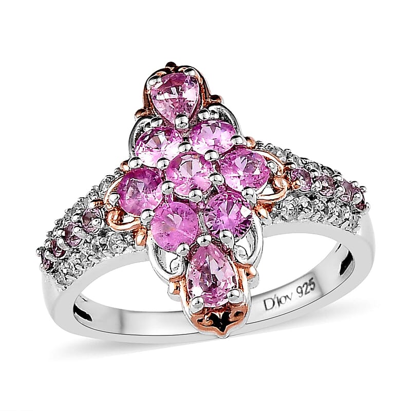 Premium Madagascar Pink Sapphire and White Zircon Elongated Ring in Vermeil Rose Gold and Platinum Over Sterling Silver (Size 10.0) 1.85 ctw
