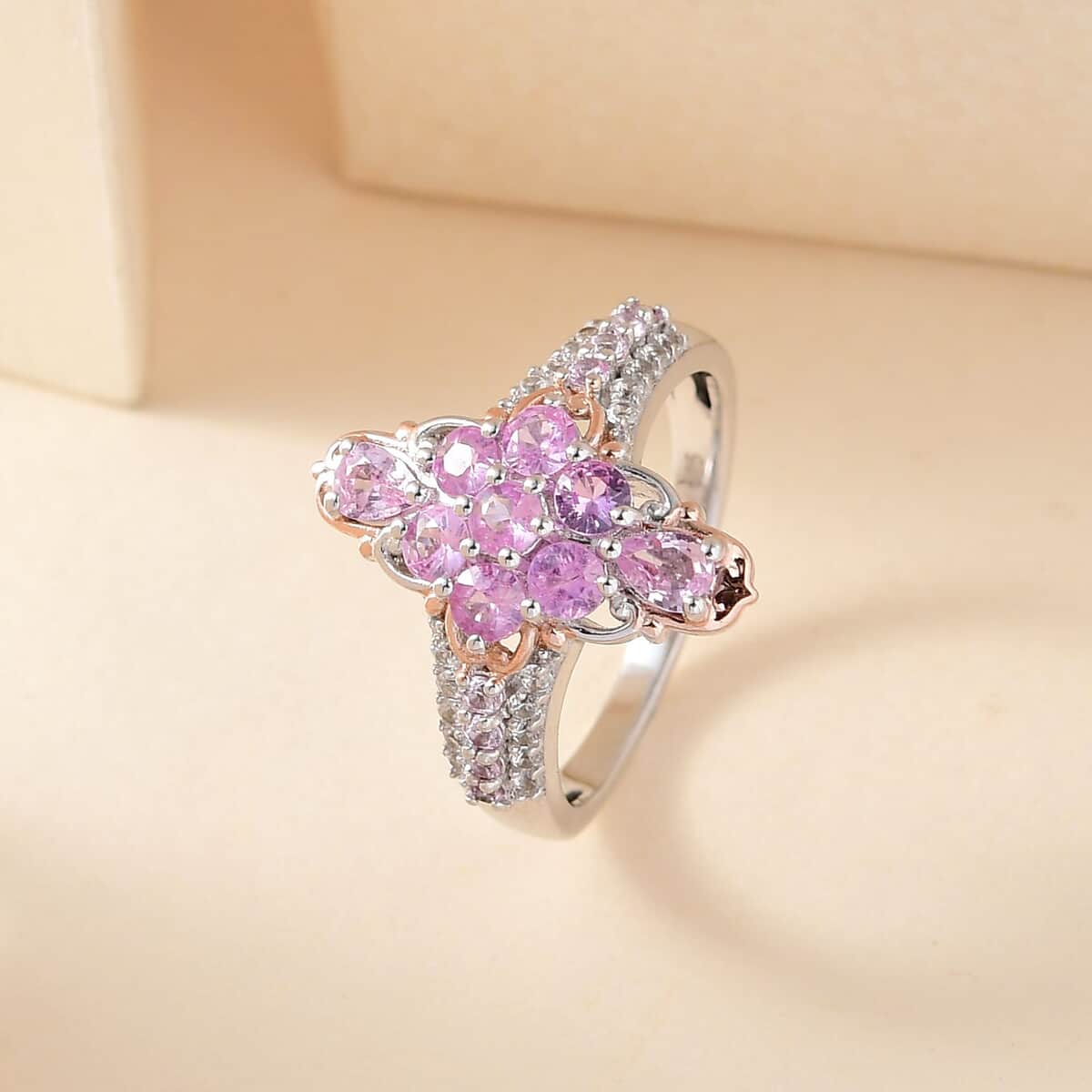 Premium Madagascar Pink Sapphire and Natural White Zircon Elongated Ring in Vermeil Rose Gold and Platinum Over Sterling Silve 1.85 ctw (Delivery in 5-7 Business Days) image number 1