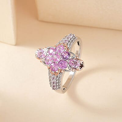 Premium Madagascar Pink Sapphire and White Zircon Elongated Ring in Vermeil Rose Gold and Platinum Over Sterling Silver (Size 10.0) 1.85 ctw