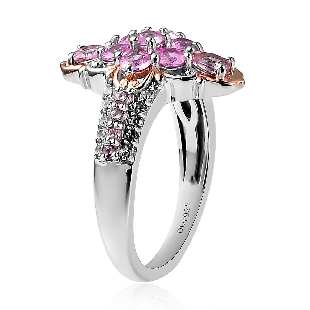Premium Madagascar Pink Sapphire and White Zircon Elongated Ring in Vermeil Rose Gold and Platinum Over Sterling Silver (Size 10.0) 1.85 ctw