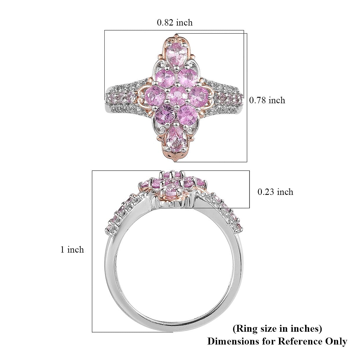 Premium Madagascar Pink Sapphire and White Zircon Elongated Ring in Vermeil Rose Gold and Platinum Over Sterling Silver (Size 10.0) 1.85 ctw