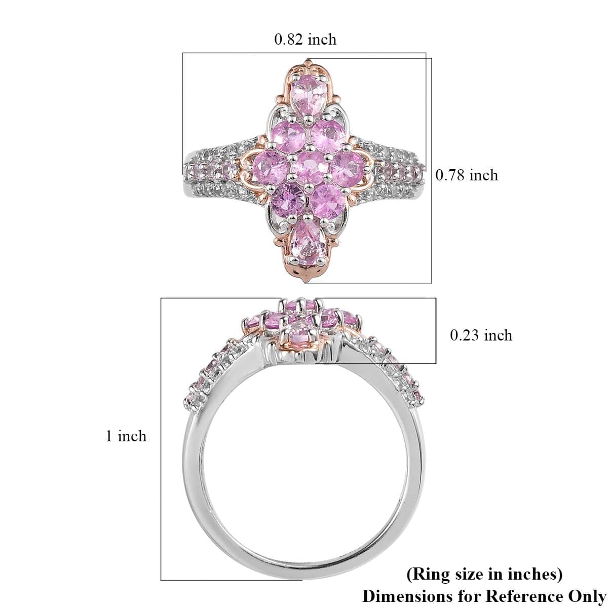 Premium Madagascar Pink Sapphire and Natural White Zircon Elongated Ring in Vermeil Rose Gold and Platinum Over Sterling Silve 1.85 ctw (Delivery in 5-7 Business Days) image number 5