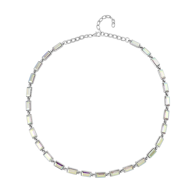 White Mystic Color Glass Tennis Necklace 20-22 Inches in Silvertone