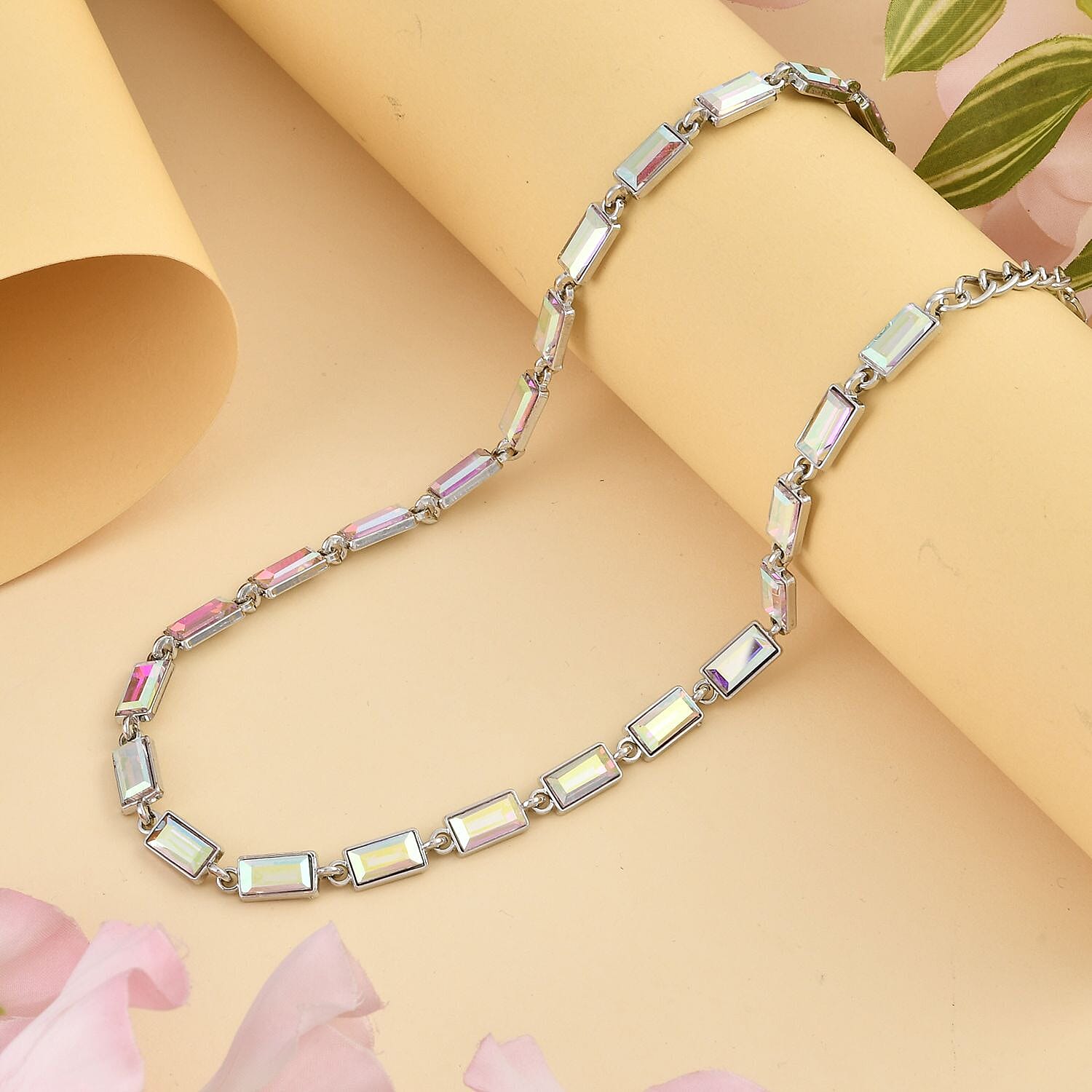 White Mystic Color Glass Tennis Necklace 20-22 Inches in Silvertone