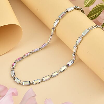 White Mystic Color Glass Tennis Necklace 20-22 Inches in Silvertone
